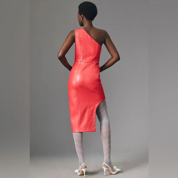 Anthropology Hutch One-Shoulder High-Slit Faux Leather Midi Dress Red - Picture 3 of 4